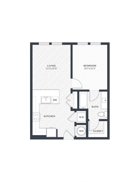 Floor plan for 1 bed, 1 bath, 644 sqft